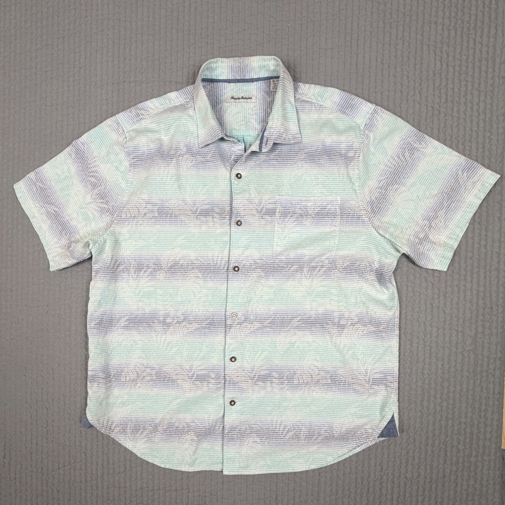 Tommy Bahama Mens XL Blue White Striped Tropical Palm Leaf Cotton Button Shirt